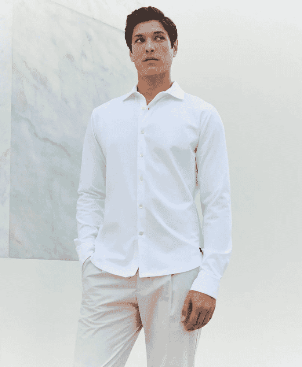 Close-up of a crisp, well-fitted white dress shirt.