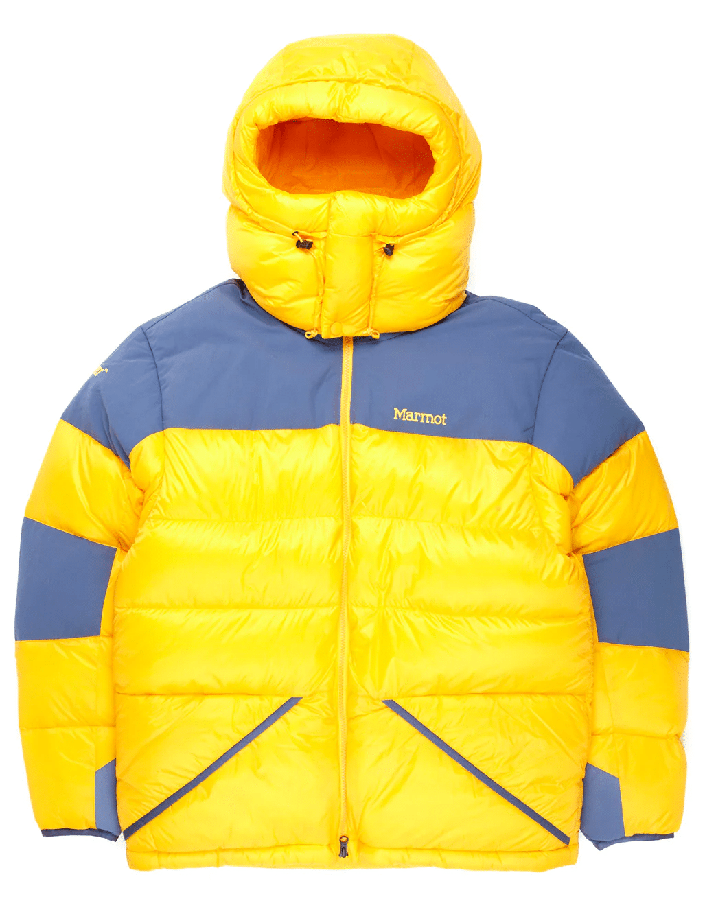 Vibrant yellow and blue Marmot puffer jacket featuring an oversized silhouette and quilted panels.