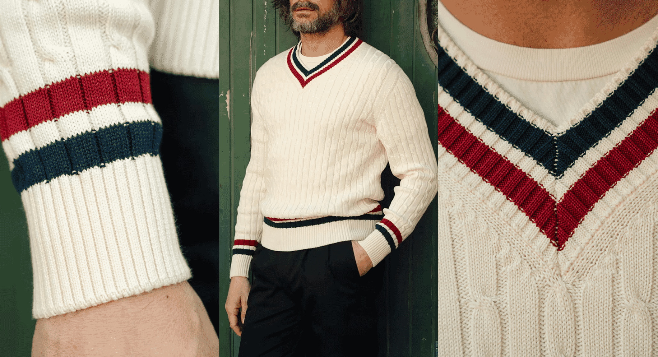 Man wearing a cream cable-knit V-neck sweater with striped trim standing against a green door.
