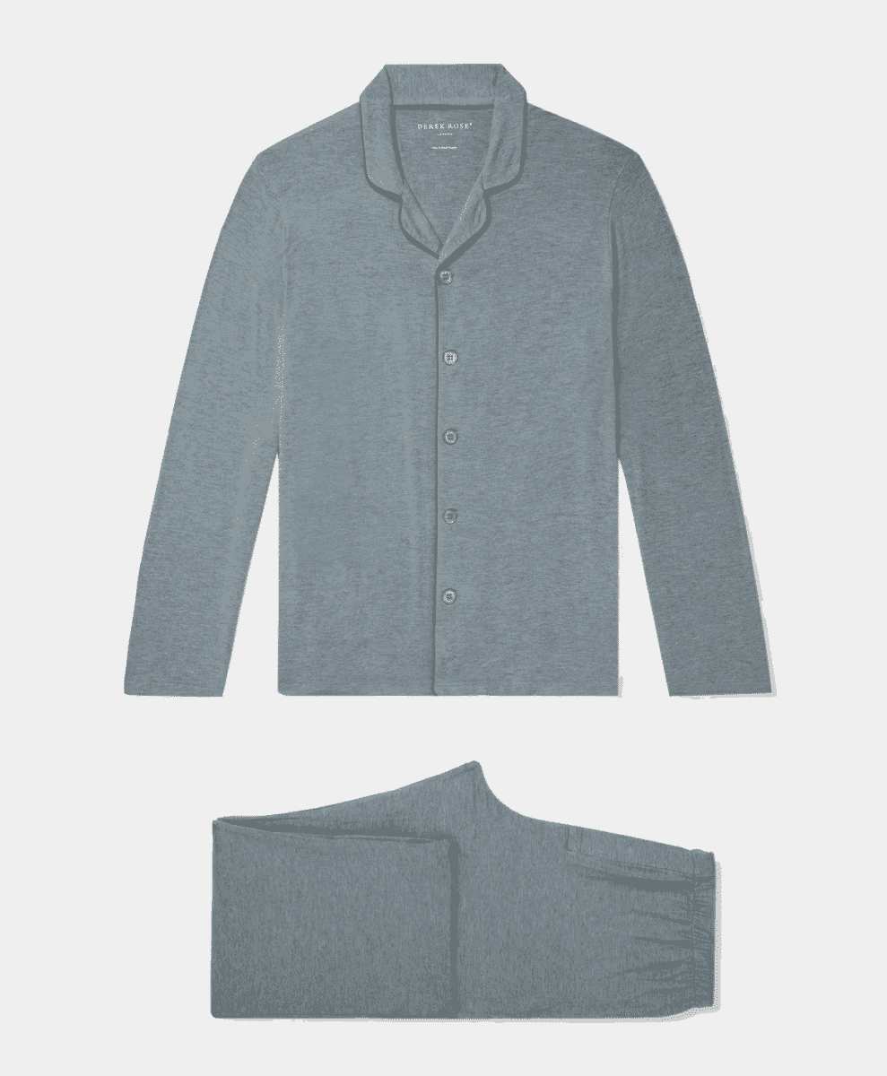 Gray heathered men's button-front pajama set displayed flat.