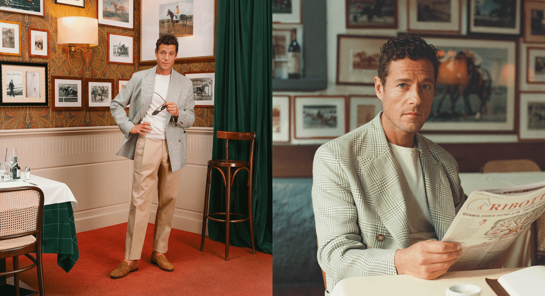 A man in a light gray houndstooth blazer and beige trousers in a vintage equestrian-themed restaurant.