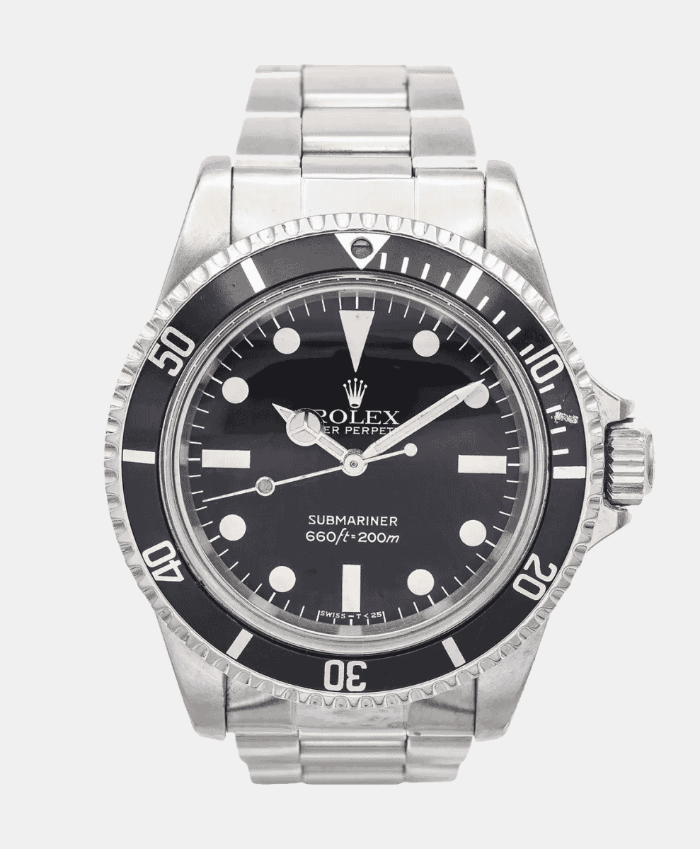 Close-up of a Rolex Submariner 5513 showing its iconic black dial and rotating dive bezel.