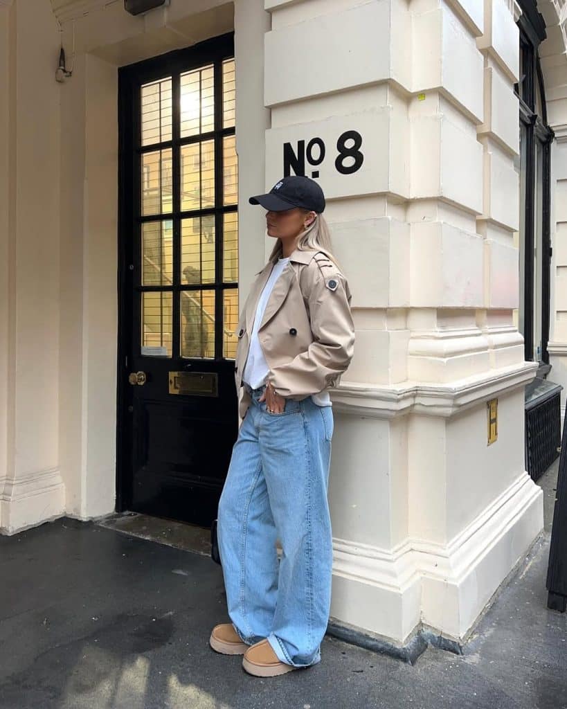 Woman in a beige trench coat, wide-leg blue jeans, and a black baseball cap with tan platform boots.