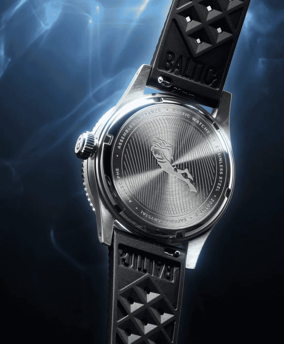Close-up of the Baltic watch caseback and textured rubber strap.