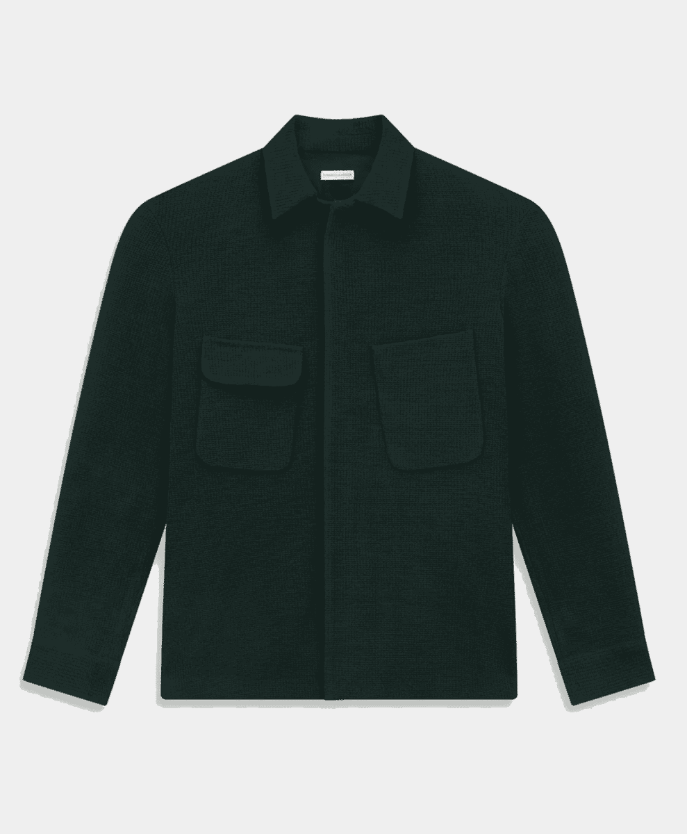 Flat-lay of a dark green knitted overshirt with chest pockets.