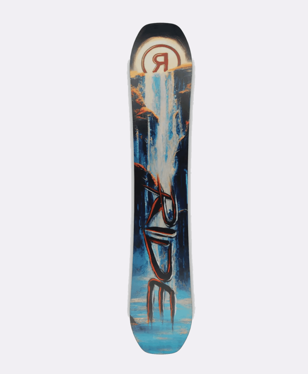 A Ride snowboard featuring a vibrant blue and orange waterfall design.