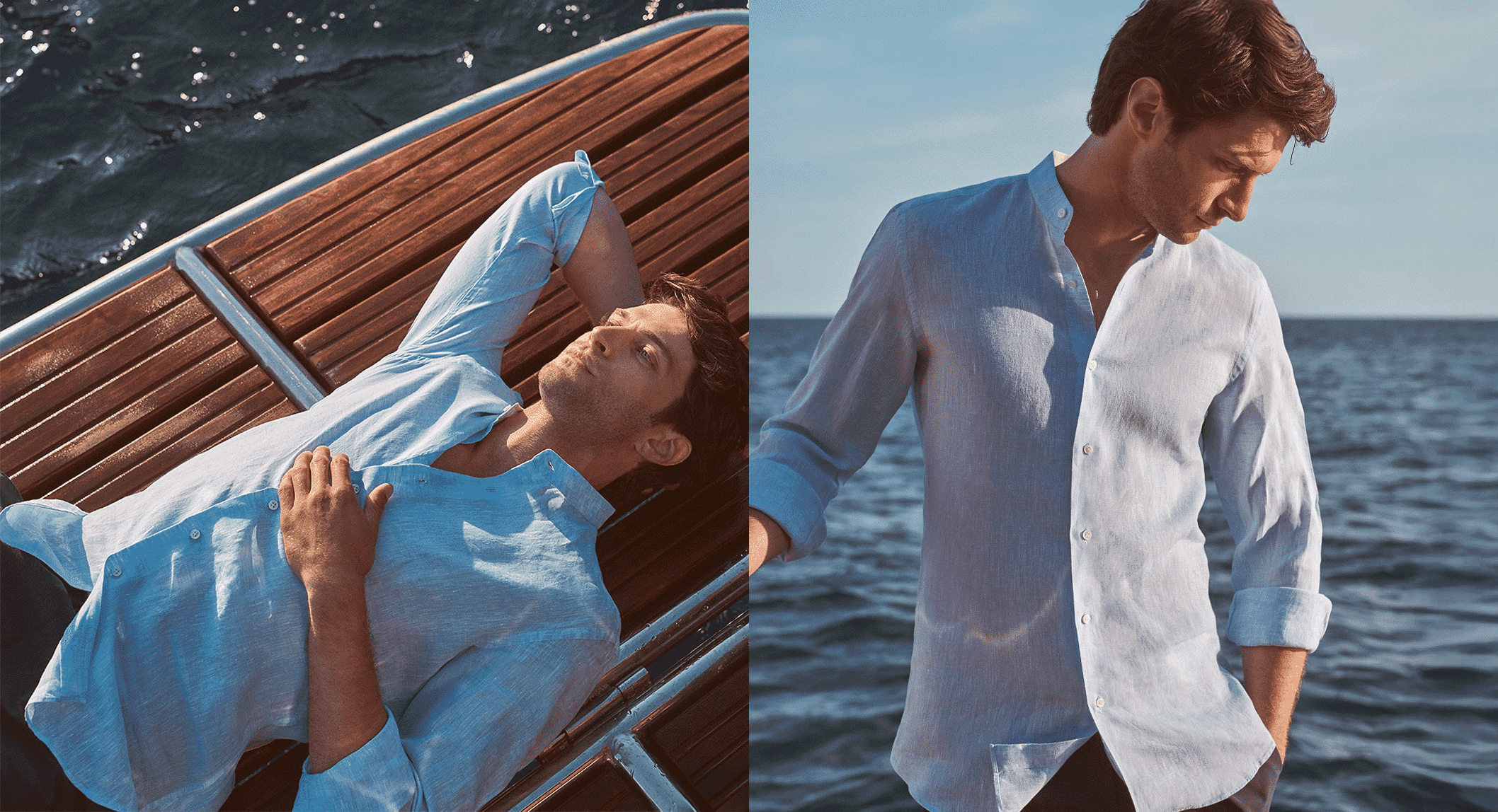 A man wearing a light blue linen shirt lounging on a wooden boat and standing by the sea.