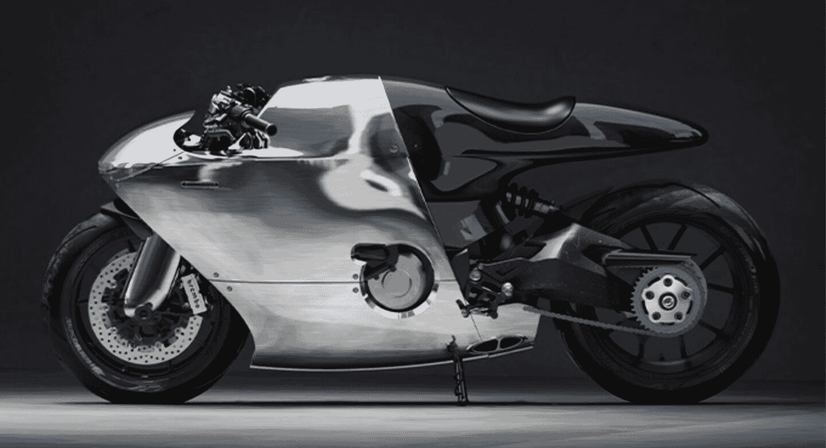 Industrial design view of a chrome concept motorcycle emphasizing its high-performance geometry.