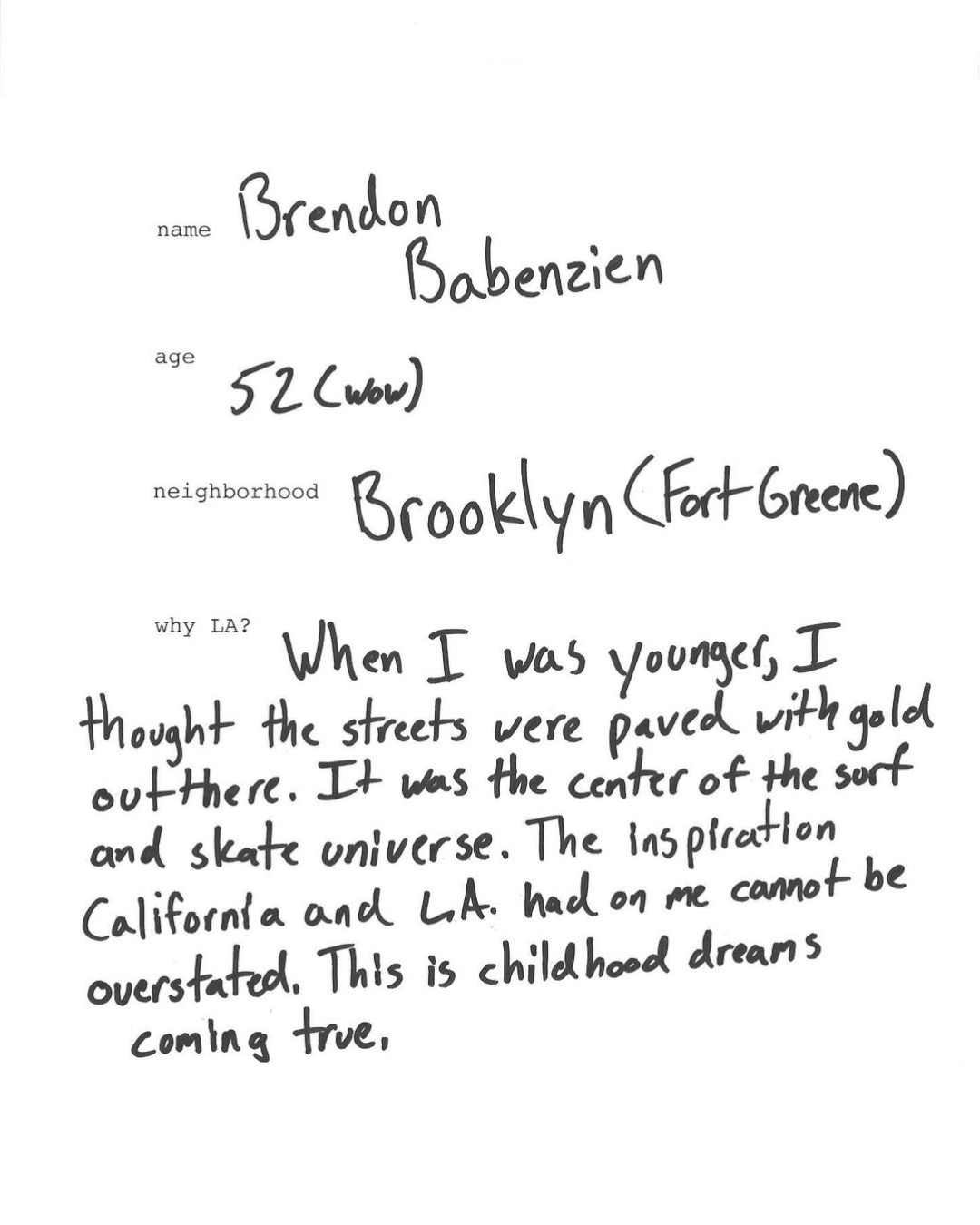 A handwritten note detailing a move from Brooklyn to LA and personal dreams.