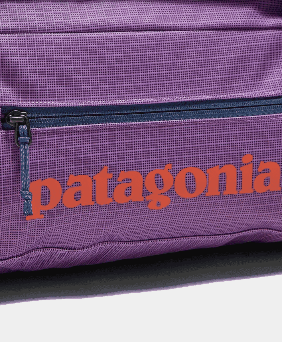 Close-up detail of a purple Patagonia duffel bag showing mesh texture and orange logo.