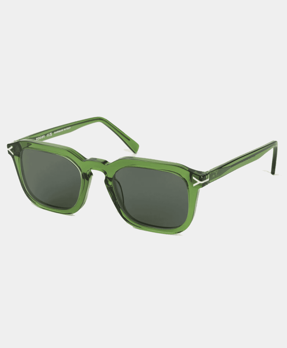 Translucent green acetate sunglasses with a rectangular frame.