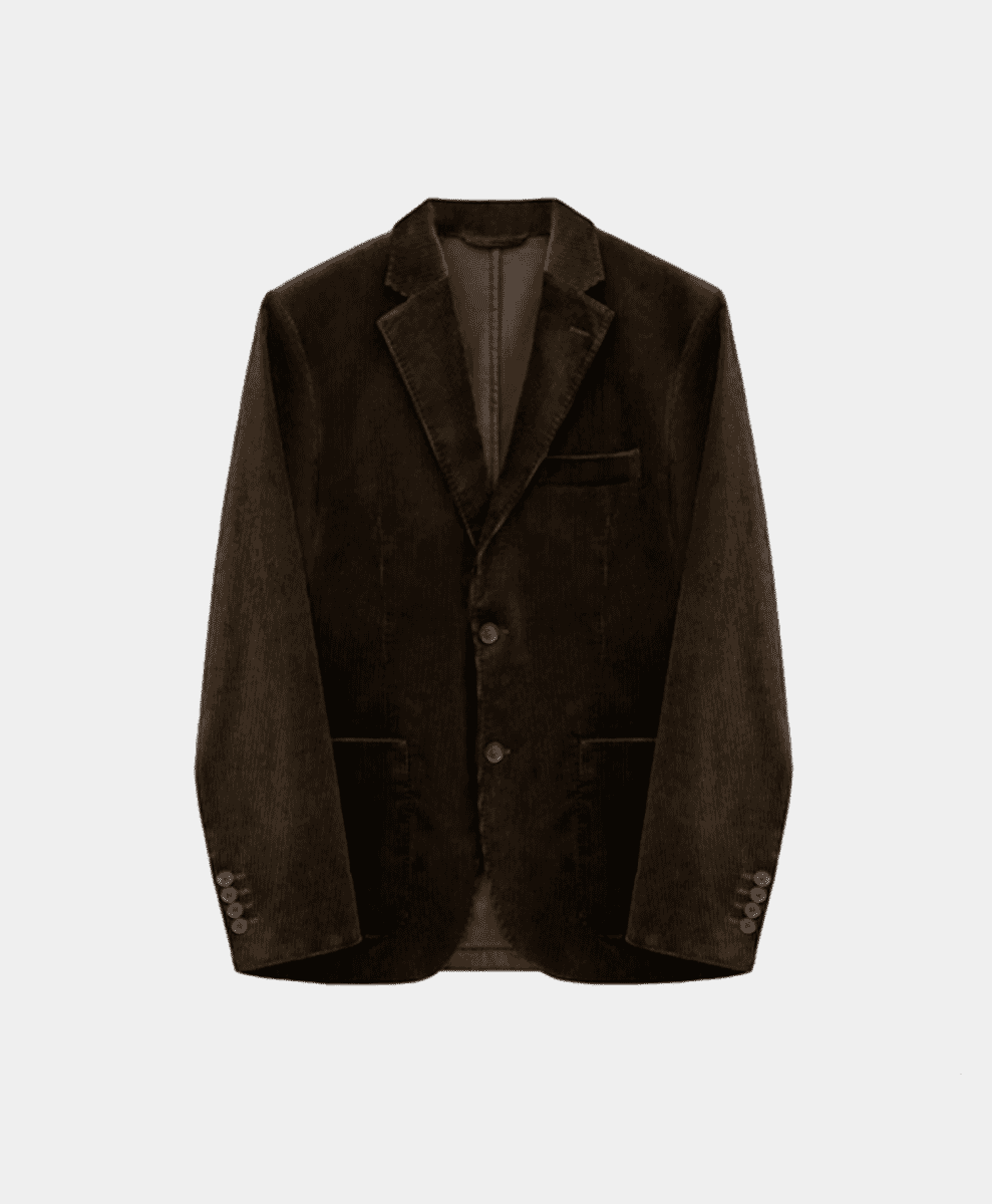Flat-lay photography of a dark brown corduroy blazer with notched lapels.