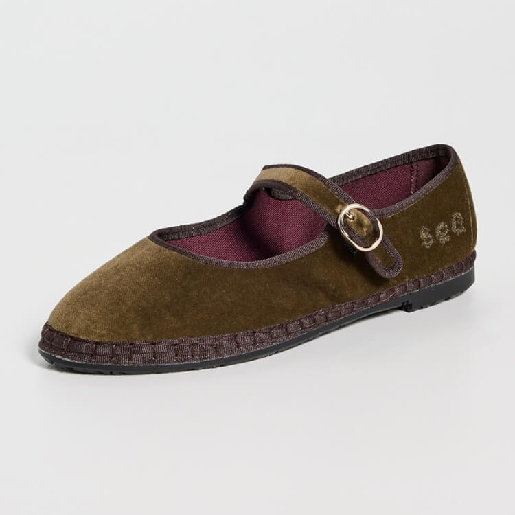 Flabelus Mary Jane flats in an olive green hue.
