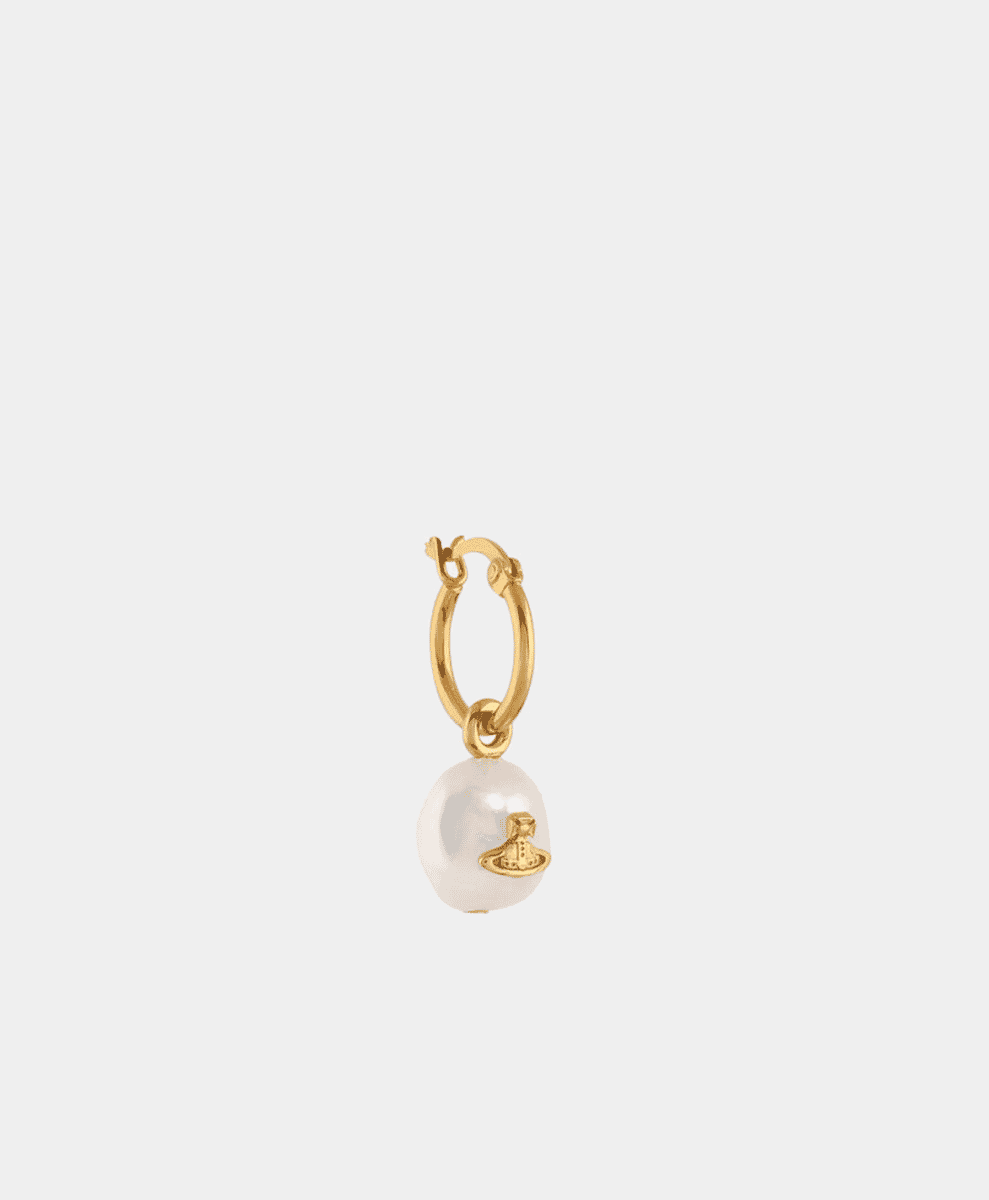 A Vivienne Westwood gold-toned hoop earring with a white pearl drop and signature orb logo.