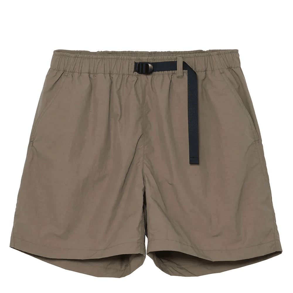 Beige minimalist technical shorts with a built-in black adjustable belt.