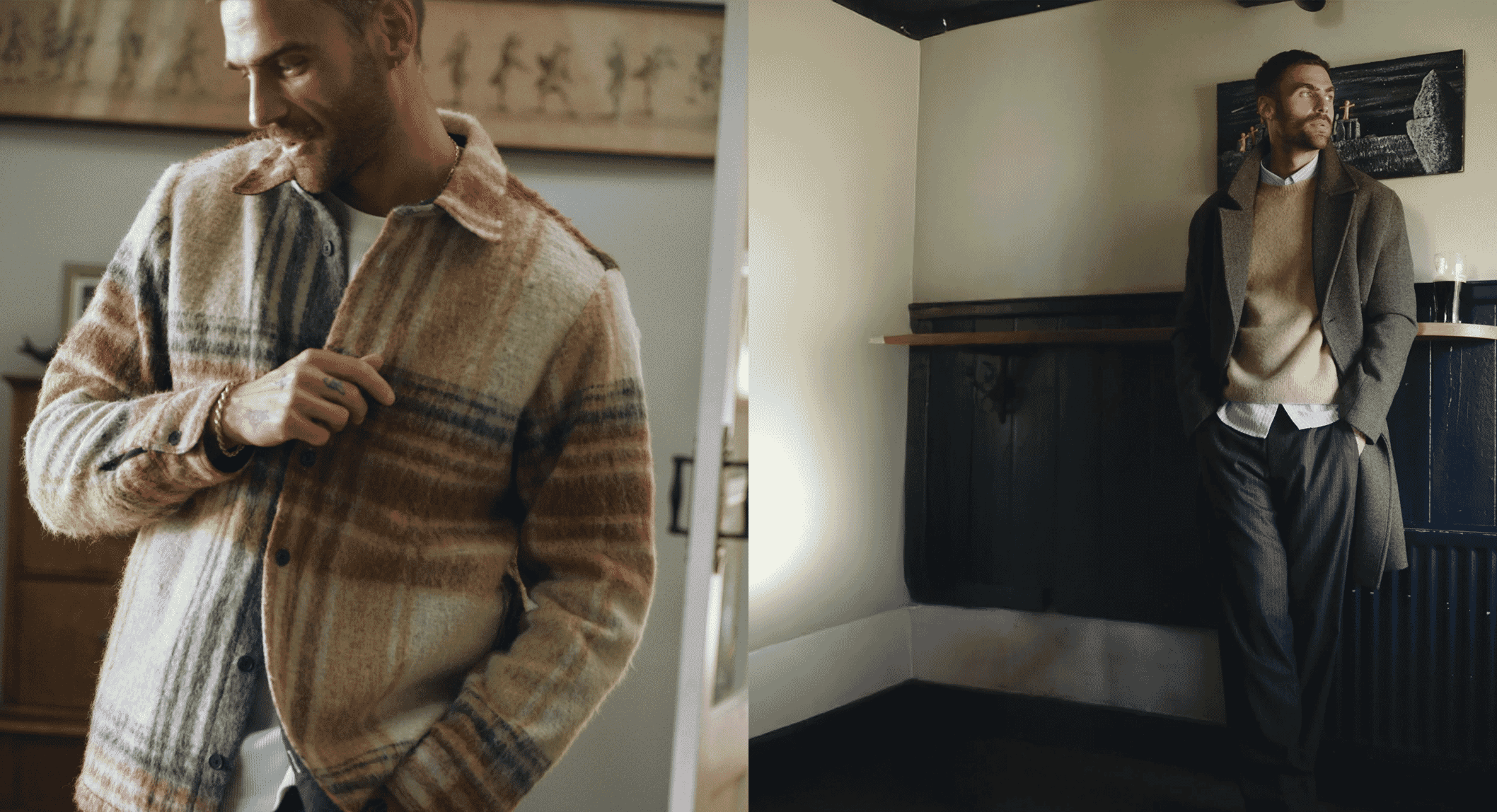 Two men modeling autumnal layered outfits including plaid jackets and wool overcoats.