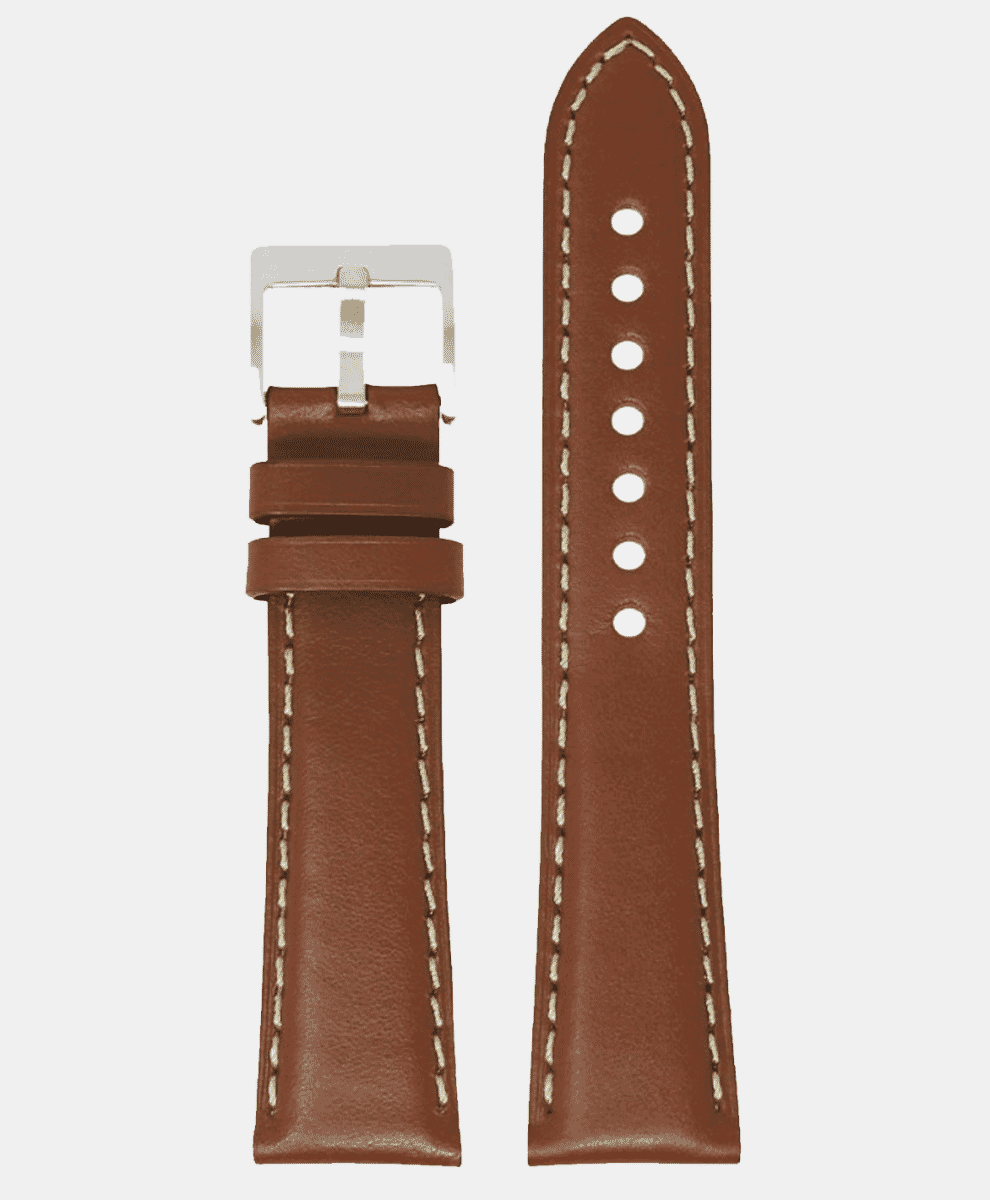 Classic brown leather watch strap with white contrast stitching and silver buckle.