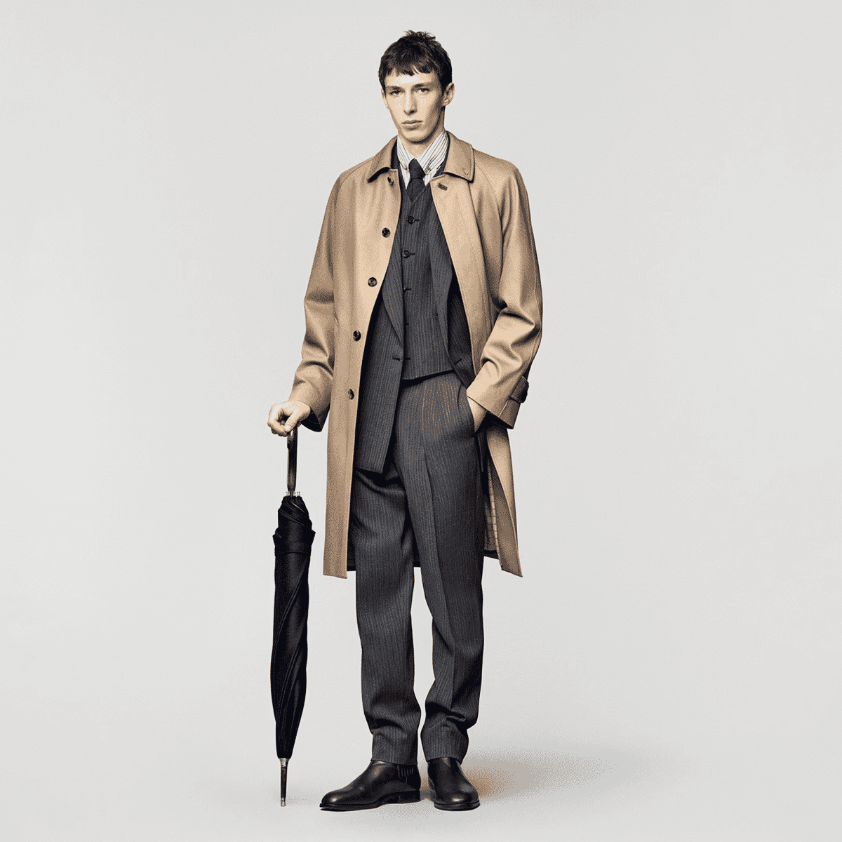 Male model in a tailored pinstripe suit and beige trench coat holding a black umbrella.