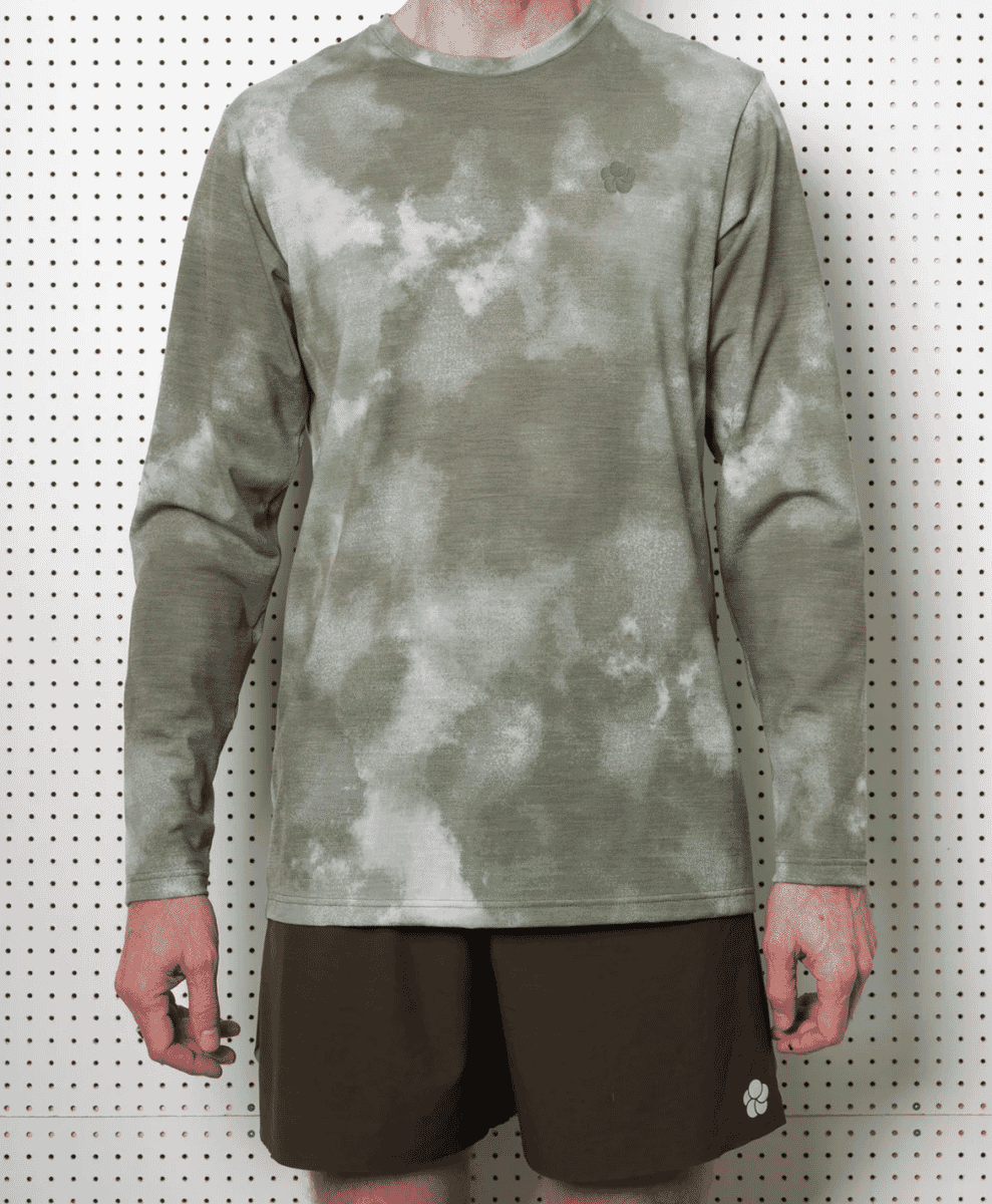 Long-sleeve tie-dye athletic shirt in muted olive and white tones.