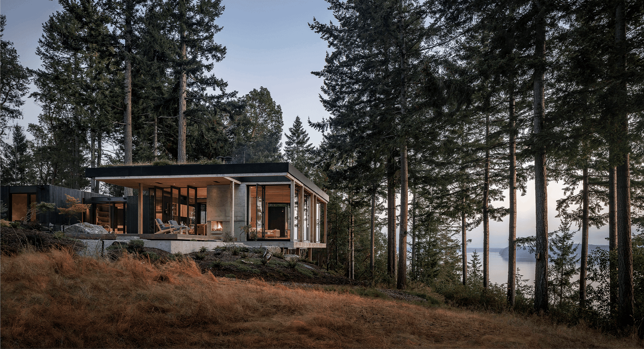 Modern forest cabin with glowing interiors and glass walls perched on a hillside at twilight.