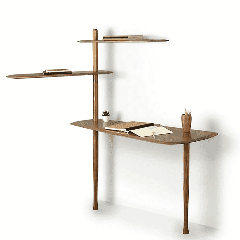 A wall-mounted wooden desk with built-in upper shelves containing books and stationery.