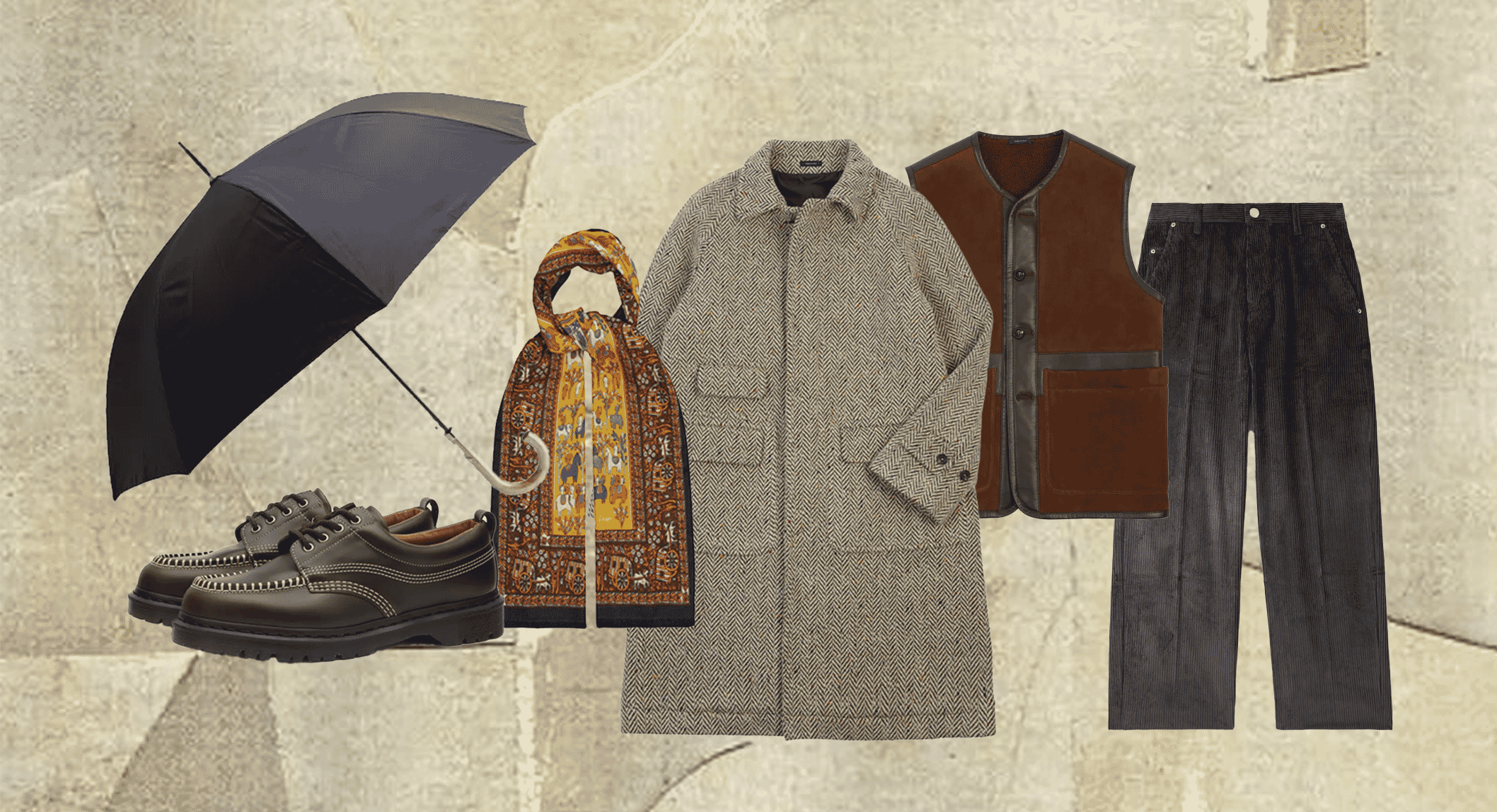 Flat-lay collage of men's autumn essentials including a herringbone coat, leather vest, and accessories.