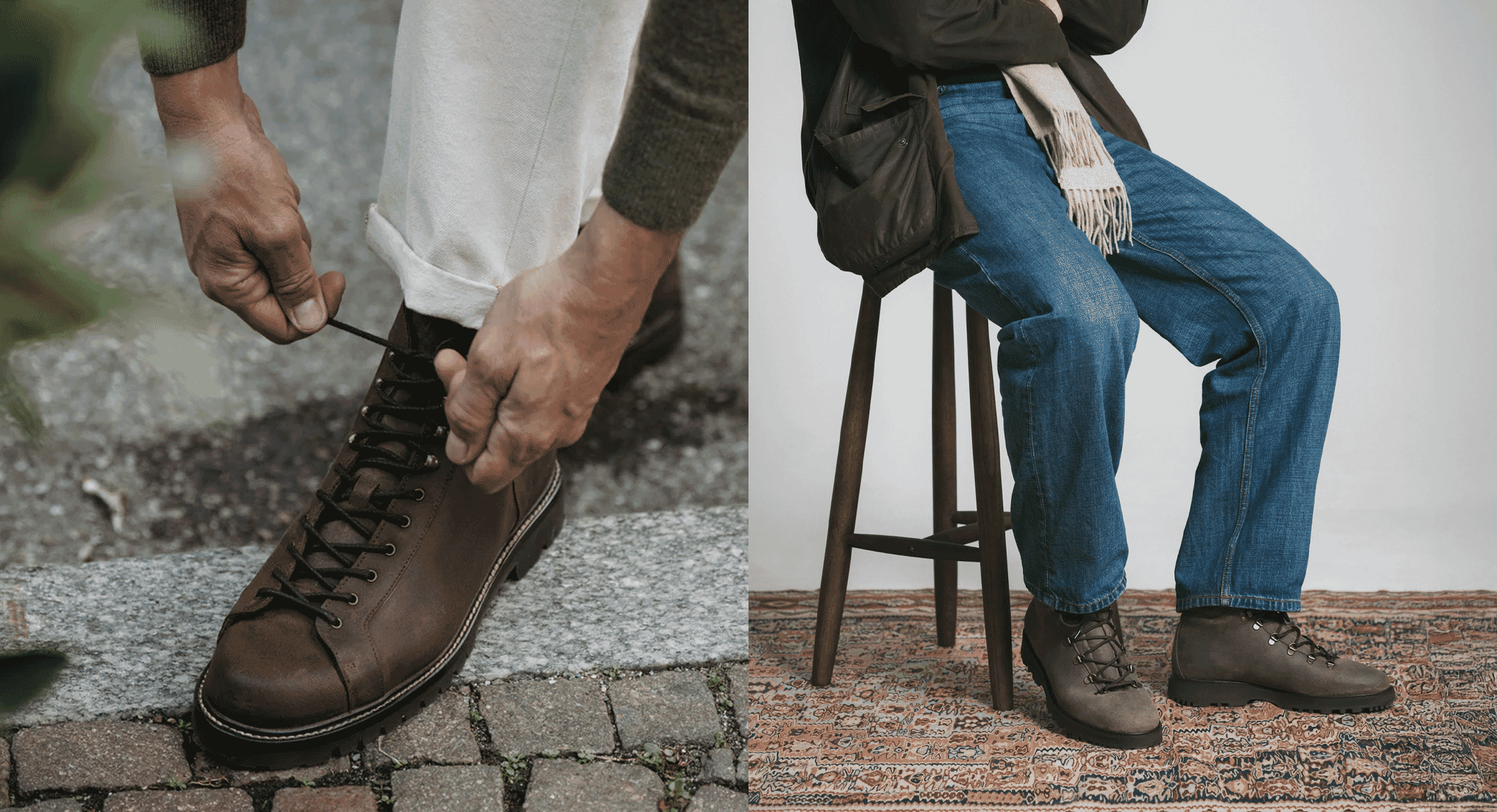 Split-image of men wearing rugged leather boots in both outdoor and indoor settings.