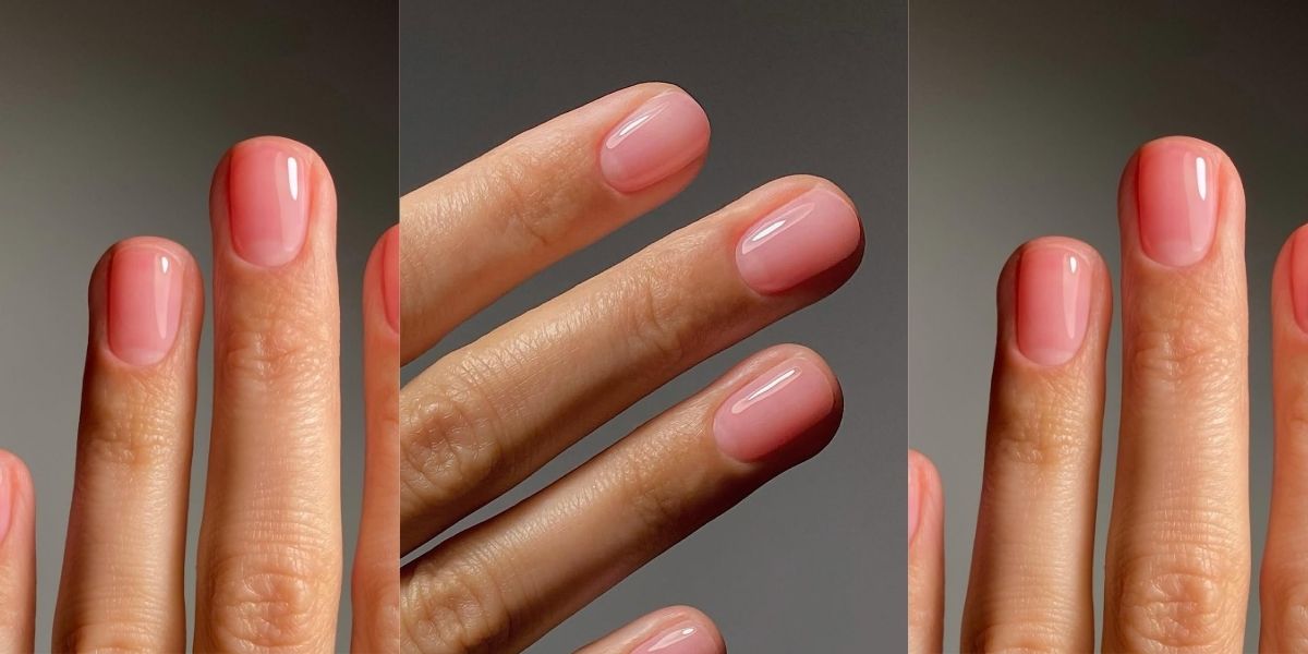 Sheer, glossy jelly nails in a soft summer shade.