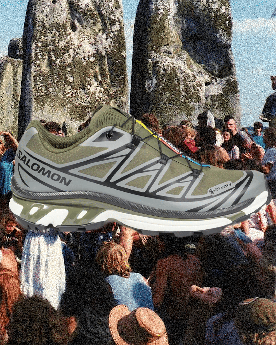 Salomon trail running shoe with visible GORE-TEX branding superimposed over ancient stone monoliths.