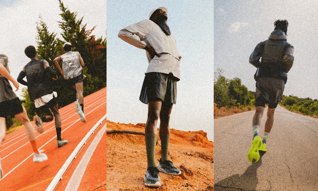 Three vertical panels showing diverse running environments: track, red earth, and rural road.