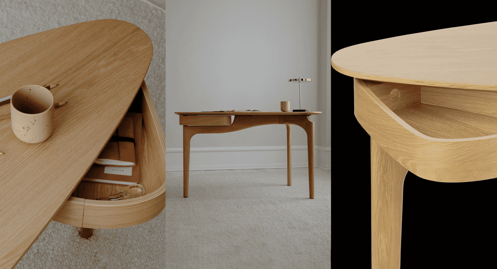 A modern minimalist wooden desk featuring a curved top and integrated drawers in a clean studio setting.