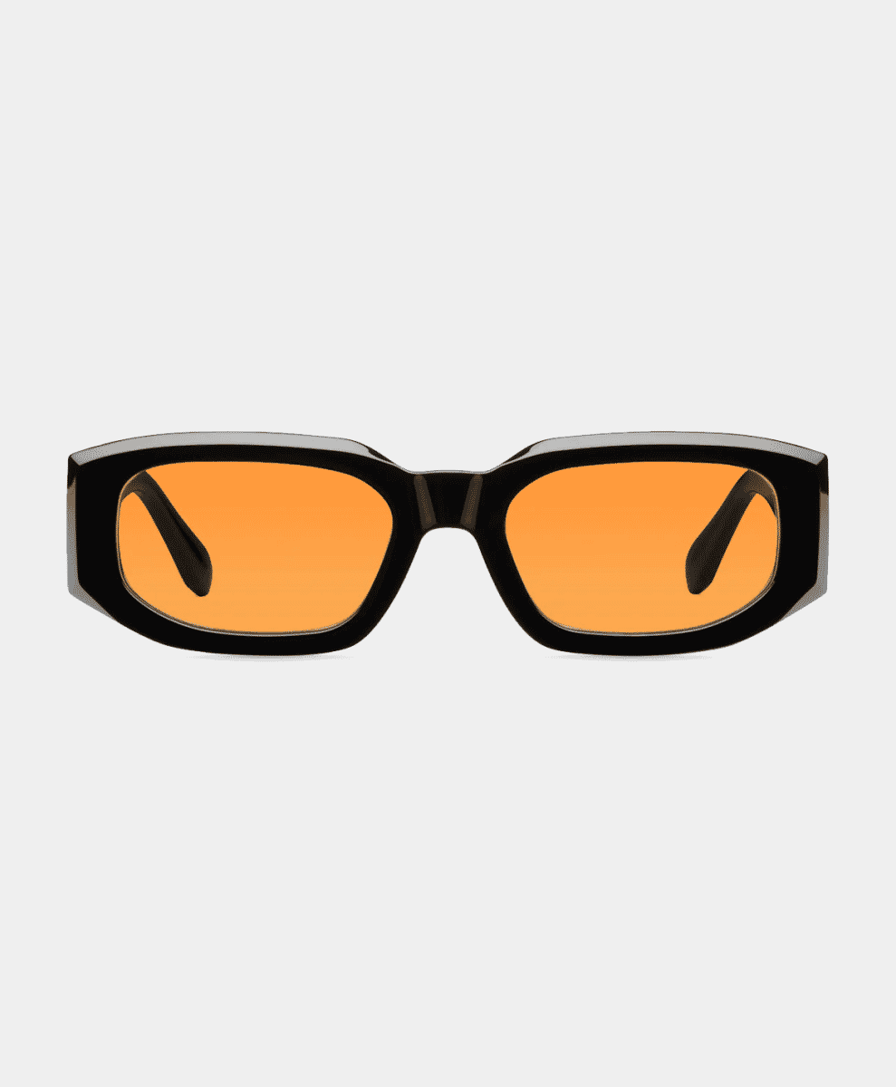 Black-framed rectangular sunglasses with vibrant orange-tinted lenses.