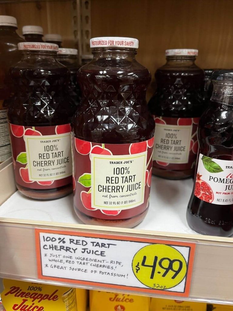 Bottle of Trader Joe's 100% Red Tart Cherry Juice.