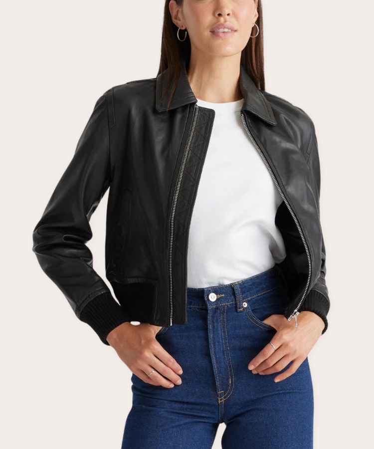 A black leather bomber jacket.
