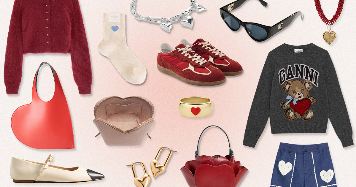 Collage of red and pink fashion pieces.