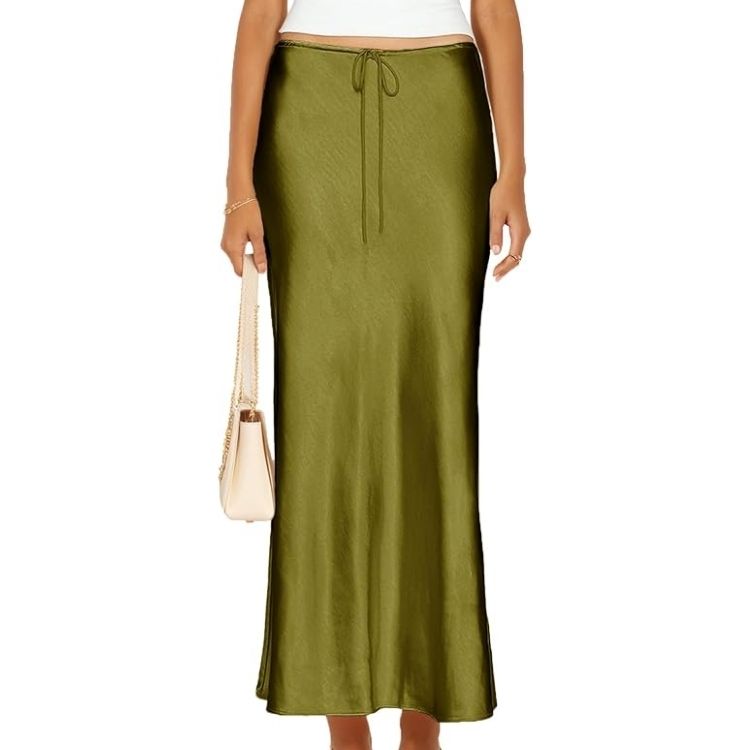 A sleek black satin maxi skirt