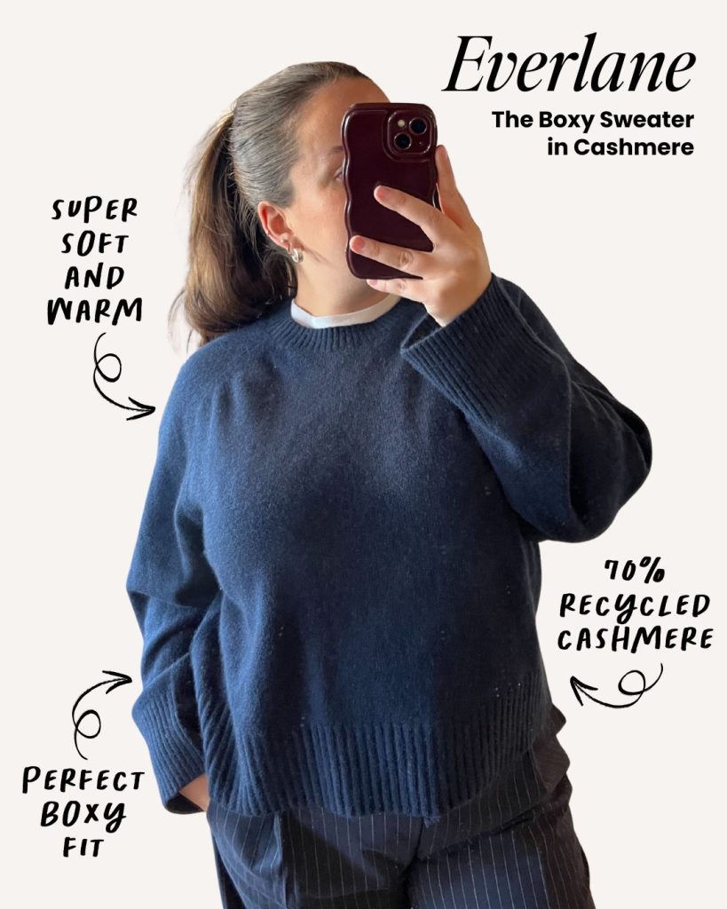 Lifestyle fit photo of the Everlane recycled cashmere boxy sweater.