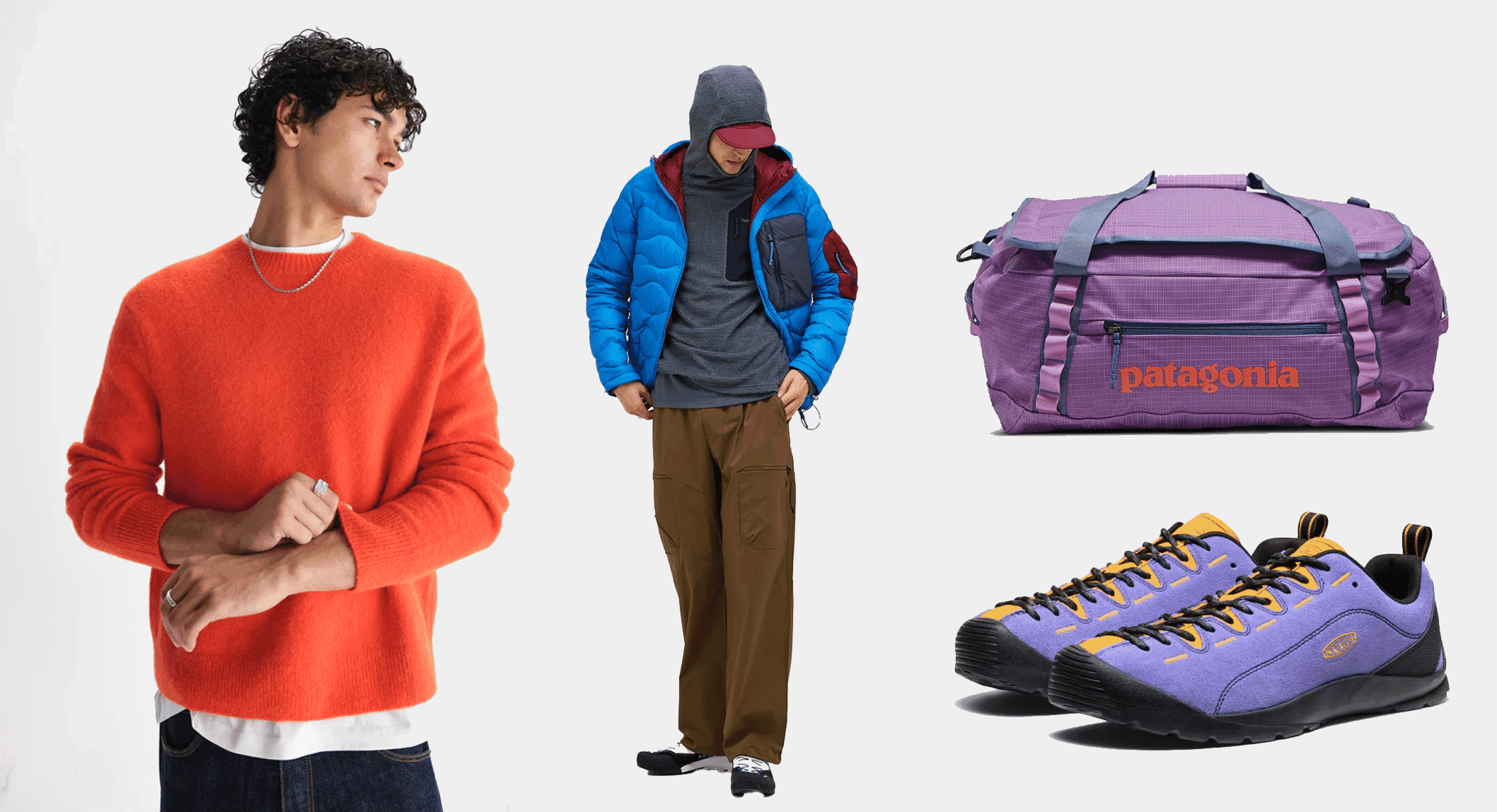 A collage of men's fashion items including a bright orange knit, blue puffer jacket, and purple gear.