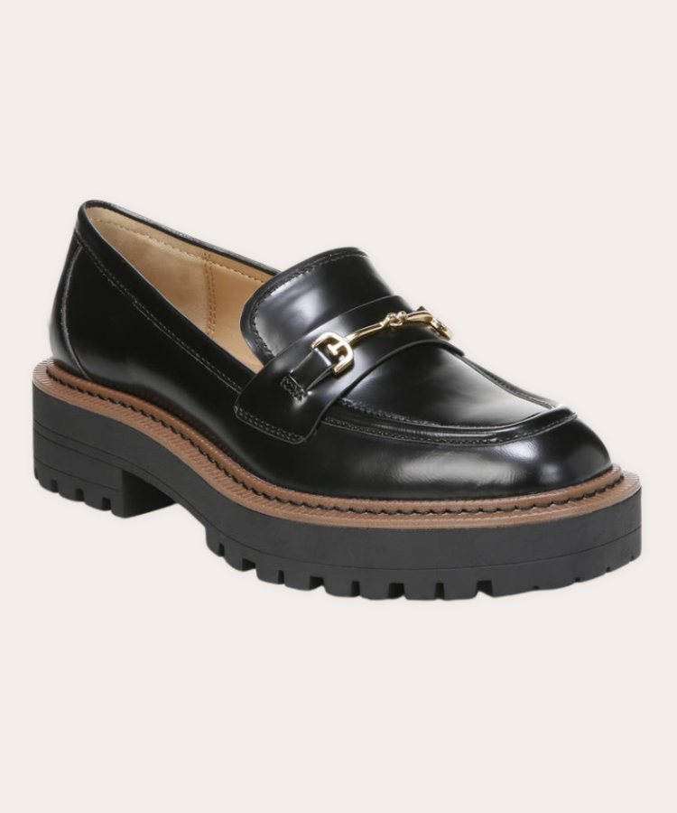 Sam Edelman black leather loafers with gold hardware.