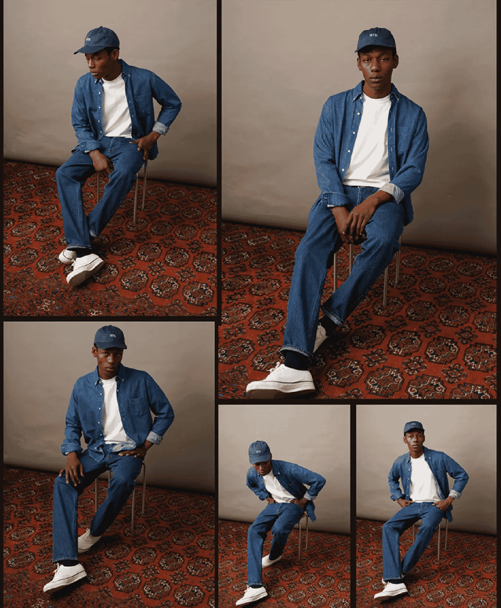 Five-shot collage of a man modeling a full denim outfit with white sneakers