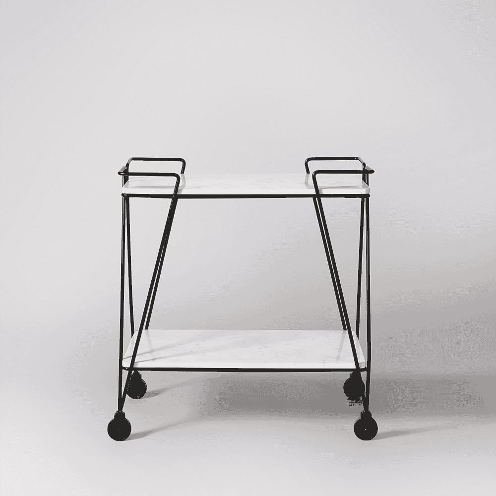 A minimalist two-tier bar cart with white marble tops and a black metal frame.