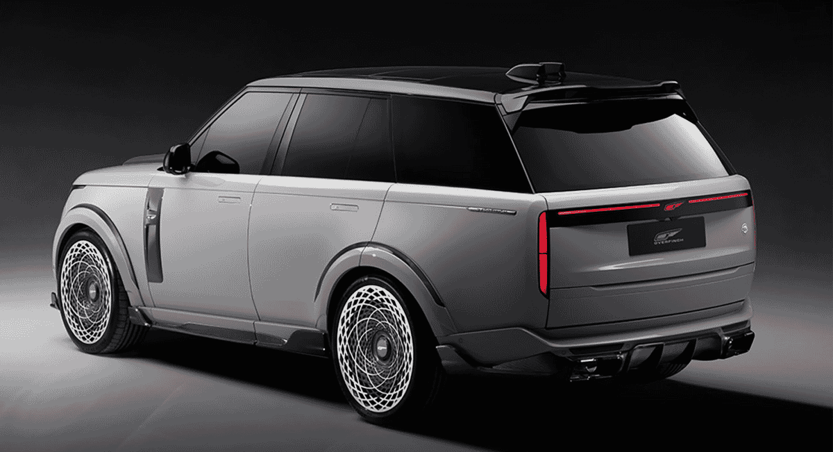 Rear view of a silver Overfinch Range Rover highlighting the custom spoiler and distinctive LED taillights.
