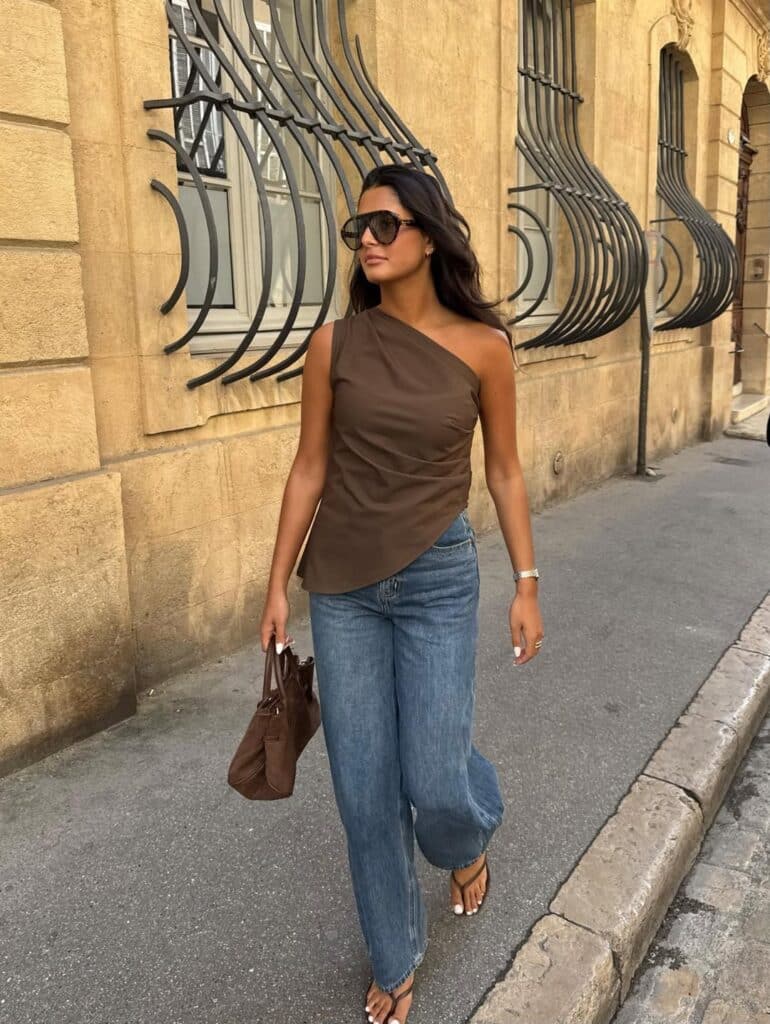 Office-ready outfit with denim barrel pants and structured leather loafers