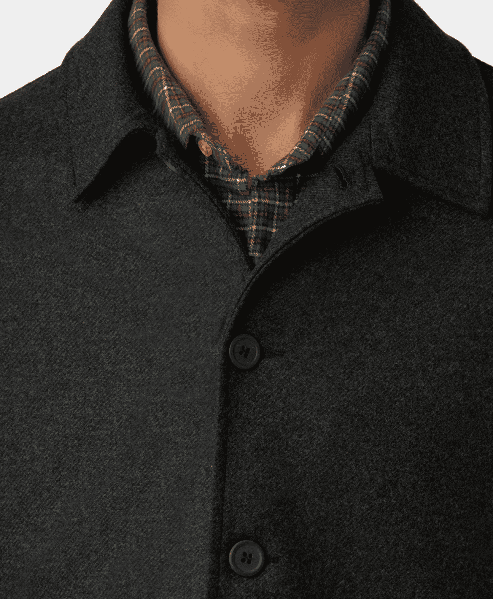 Close-up of a man wearing a dark charcoal wool coat over a plaid shirt collar.