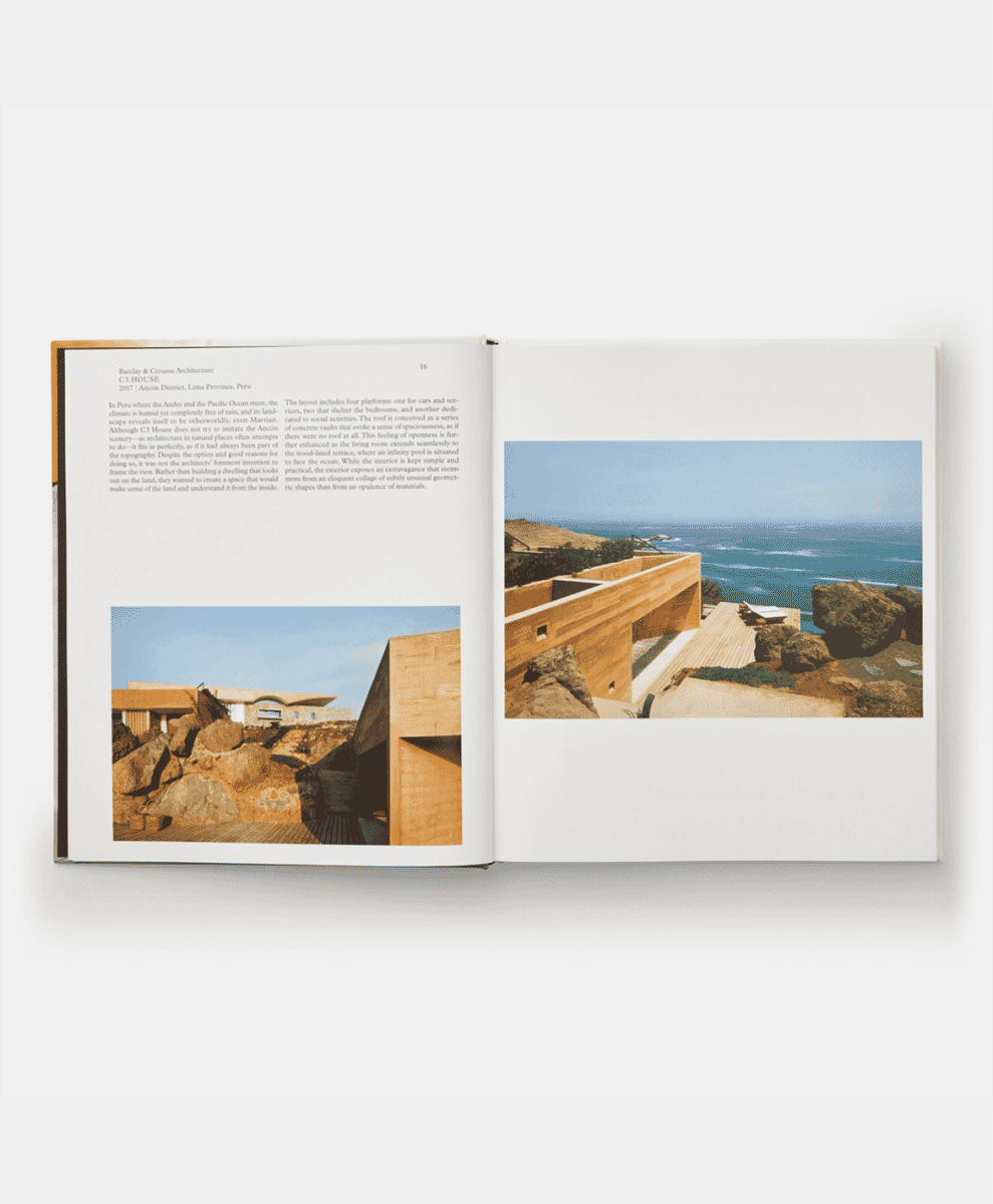 Open architecture book showing a stone house on a cliff in Peru.