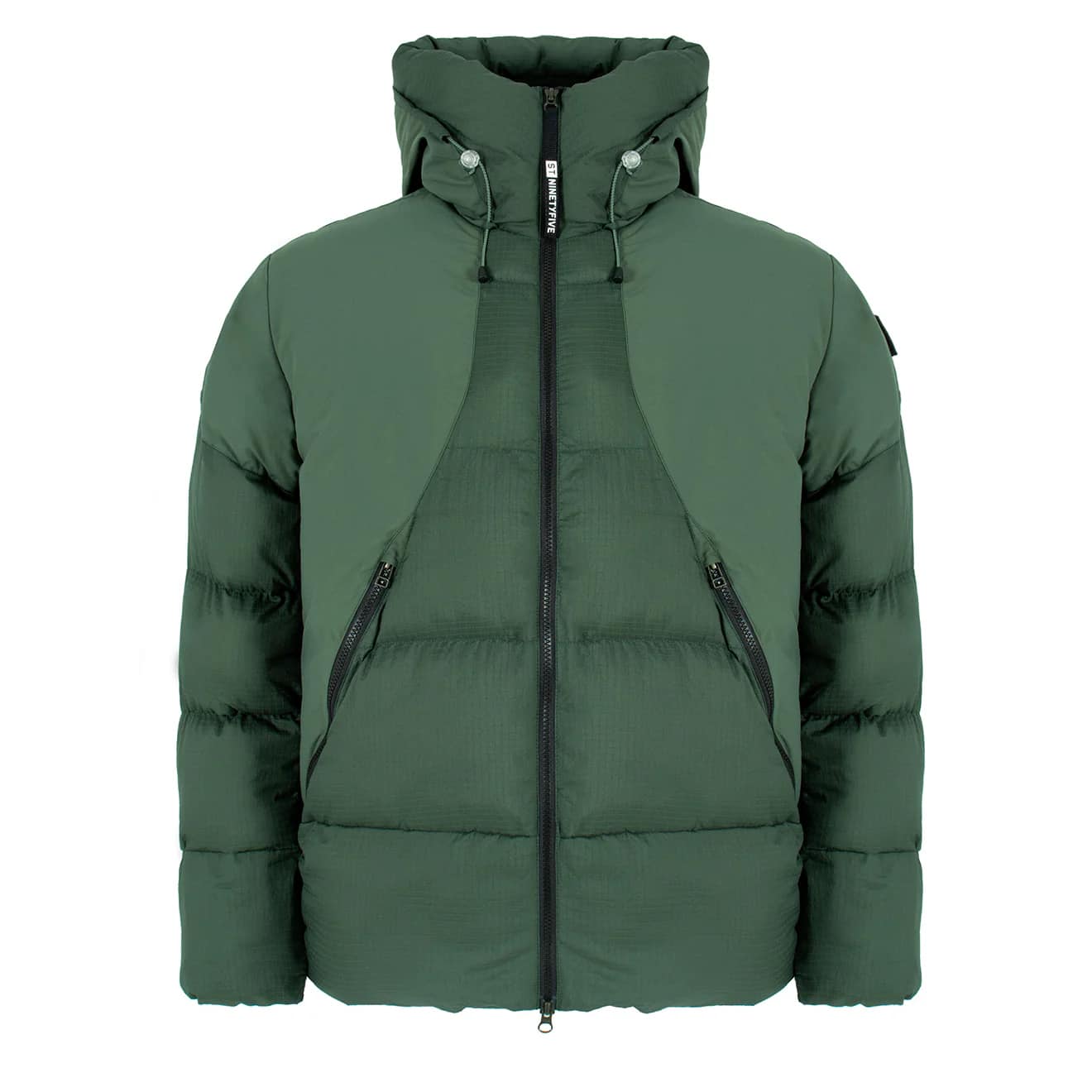 A dark green ST95 puffer jacket with a hood and black zippers.