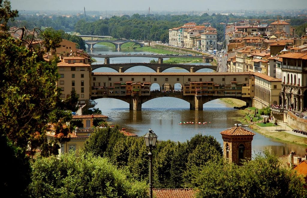 Panoramic view of Florence’s Ponte Vecchio over the Arno River showcasing historic riverside architecture.