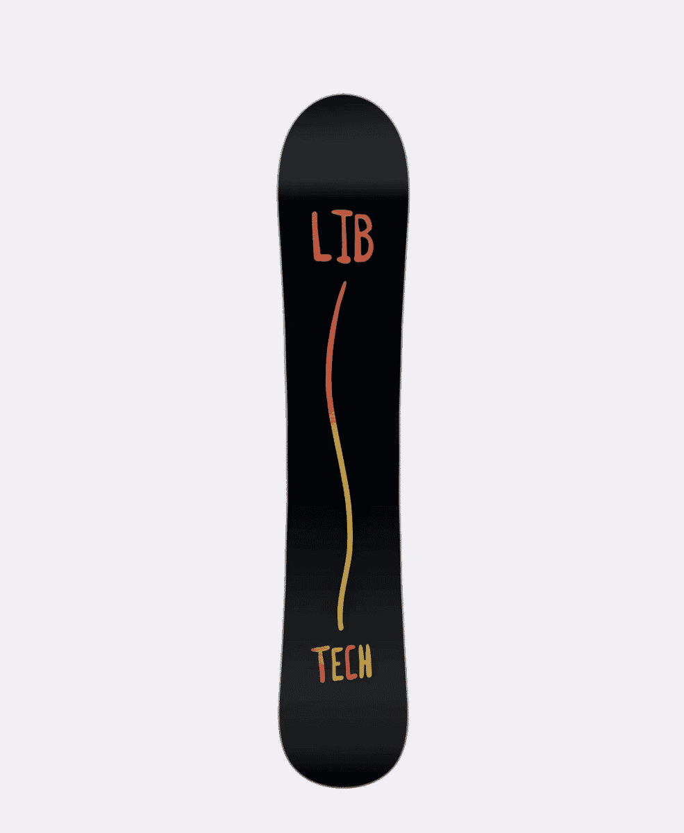 A black Lib Tech snowboard featuring vibrant orange and yellow branding.