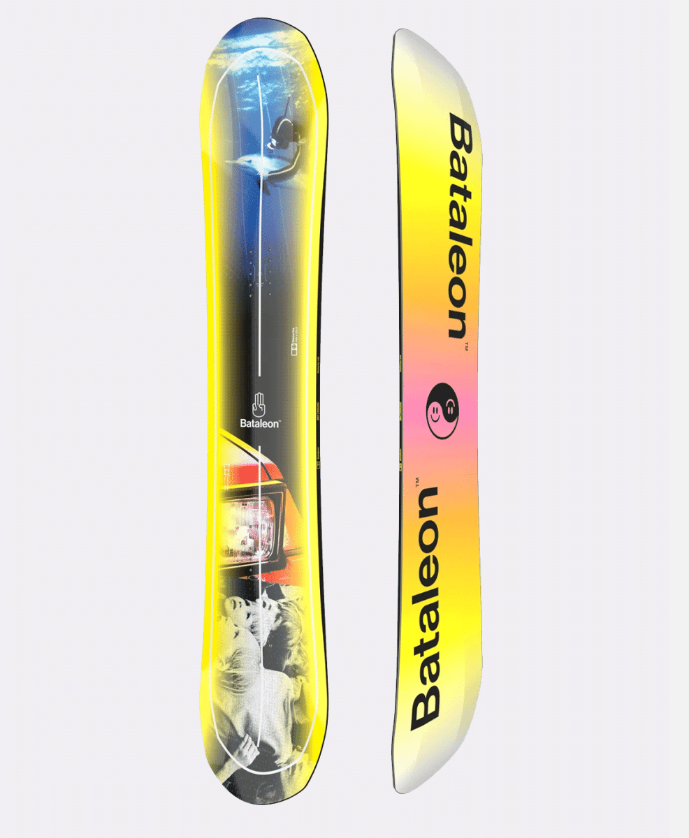Two Bataleon snowboards, one featuring a diver graphic and another with a yellow-to-pink gradient.