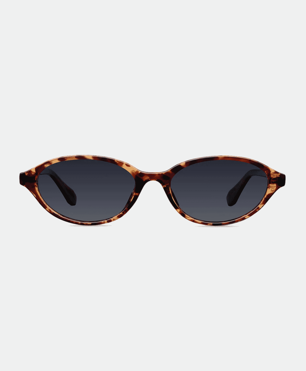 Tortoiseshell oval-frame sunglasses with dark lenses on a white background.